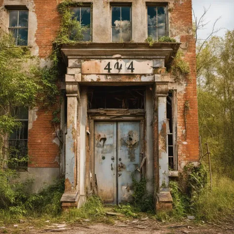 (Realism)) A photo by Famous Photographer (David LaChapelle) (Canon Eos 300mm film , wide angle lens) of  (metal house number "404"), on an abandoned building, entrance, decay, hyper detailed, natural lighting, studio quality, film grain, UHD, DSLR, sharp ...