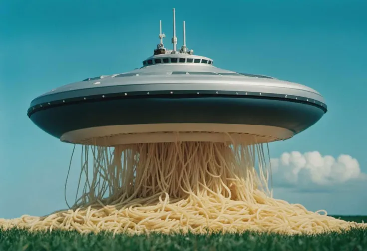 cinematic photo analog style portrait of an a spaceship carrying a giant mound of spaghetti, in the middle a hurricane, canon 5 0 mm, cinematic lighting, photography, retro, film, kodachrome. wes anderson movie, still from stanley kubrick movie, 35mm photo...