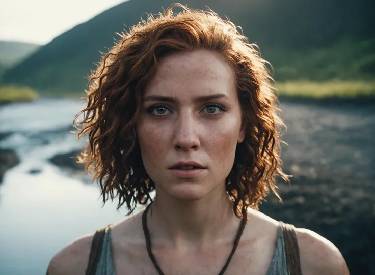 cinematic photo analog style portrait of an Close-up of  ugandan woman with  Light chestnut brown Curly bob hair in Hellblade: Senuas Sacrifice, emerging from a river, long hair with dreads, (freckles:0.5), angry expression, dripping wet, finely detailed e...