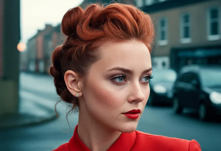 cinematic photo analog style portrait of an Digital art of  northern irish woman with  Red Chignon hair , photorealistic, curly hair, highly detailed, artstation, smooth, sharp focus, art by michael whelan, artgerm, Darek Zabrock . wes anderson movie, stil...