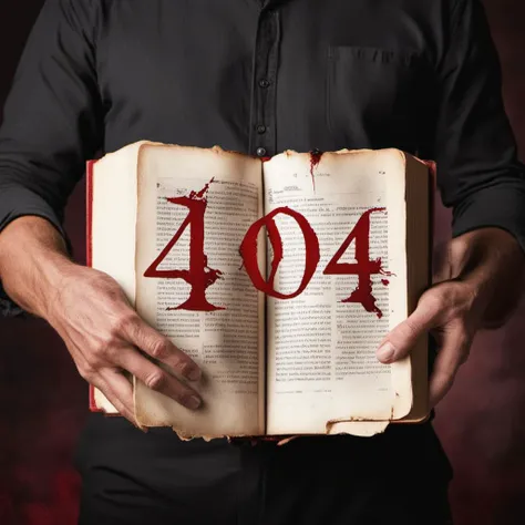 Open book, bold text "404" centered on a page in large red font, ("404" text logo:3), pages torn out, focus on book, furious man holds torn pages out of frame, bloody hands, medieval style,