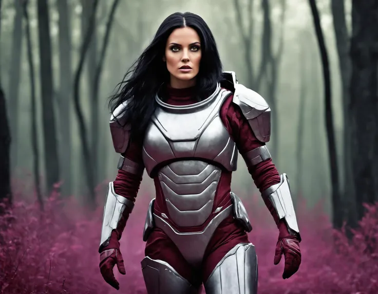 Professional digital art of action scene of beautiful female warrior dressed in fullbody heavy spacesuit in dark silver and dark red color, (scared:1.2), long black hair, detailed skin tone, looking to the side, outdoors, alien forest in purple colors,