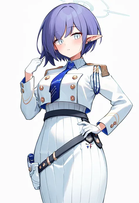 score_9,score_8_up,score_7_up,<lora:blue_archive_all_v1:1>,gloves, high-waist_skirt, white_background, belt,  blush, highres, aoi_(blue_archive), 1girl, blue_necktie, solo