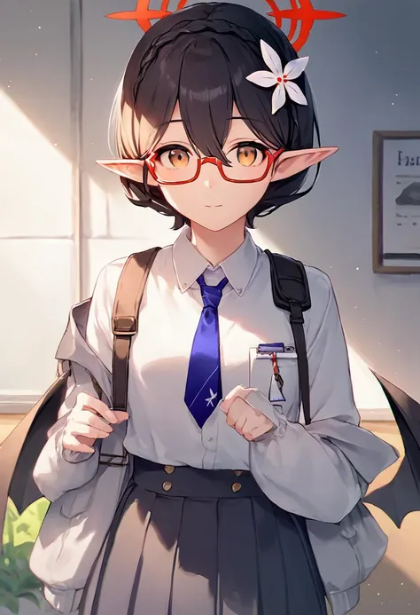 anime girl with glasses and a tie holding a backpack