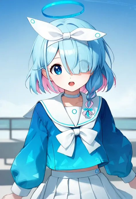 anime girl with blue hair and angel wings on her head