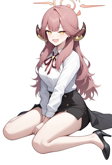 anime girl with horns sitting on the ground with her legs crossed