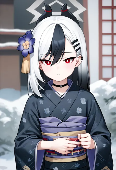 anime girl in kimono outfit with a blue flower in her hair