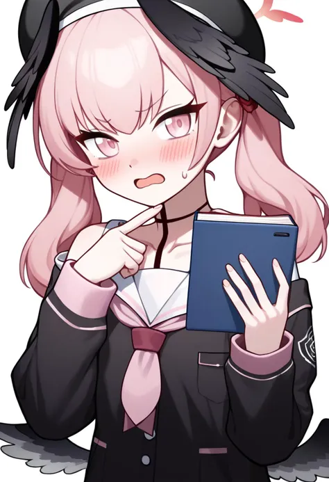 anime girl with pink hair and black hat holding a tablet