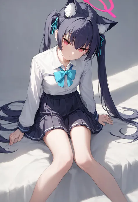 anime girl with long black hair and a cat ears sitting on a bed