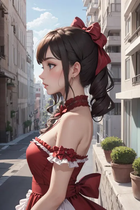 ((masterpiece)), (best quality),official art, extremely detailed CG unity 8k wallpaper, 
1girl, young girl, beautiful, shiny, idol dress, bows, ribbon, frills, jewelry, 
cute, (modern penthouse apartment), 
from side, 
expressionless,
 <lora:idol_dress-1.0...