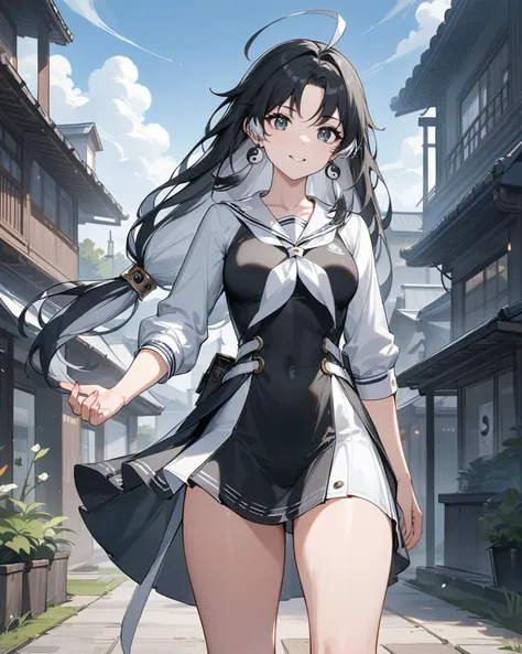 anime girl in a short black and white dress walking down a street