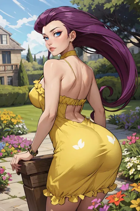 (masterpiece,best quality,edgQuality),outside,garden,dappled sunlight,flowers,big booty,looking at viewer,EPpkJessie,long hair,hair slicked back,purple hair,woman wearing a yellow sundress,edgYSD <lora:EPpkJessie:0.8>  <lora:edgChamYellowSundress:0.8>