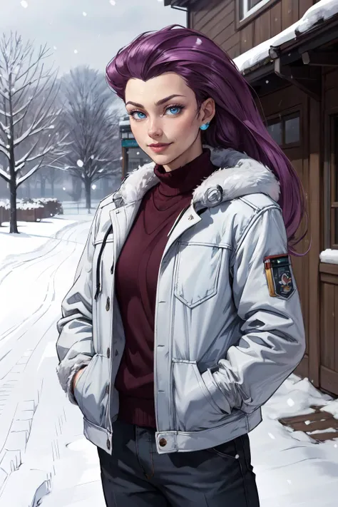 (masterpiece, best quality, 4k, detailed, intricate, realistic),fur coat,outside,snowing,EPpkJessie,long hair,hair slicked back,purple hair,blue eyes,slight smile,hands in pockets  <lora:EPpkJessie:0.8>