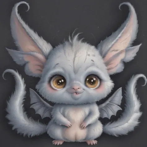 a painting of a small white bat with big eyes and a big tail