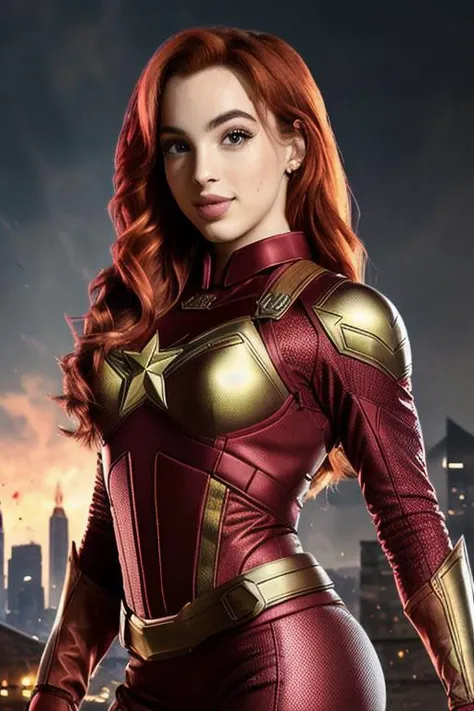 portrait photo of missbriso, beautiful  redheaded woman, dressed as Captain America,smiling, posing for a picture, power pose, at Comicon,(masterpiece) (best quality) (detailed) (8k) (HDR) (wallpaper) (cinematic lighting) (sharp focus) (intricate)