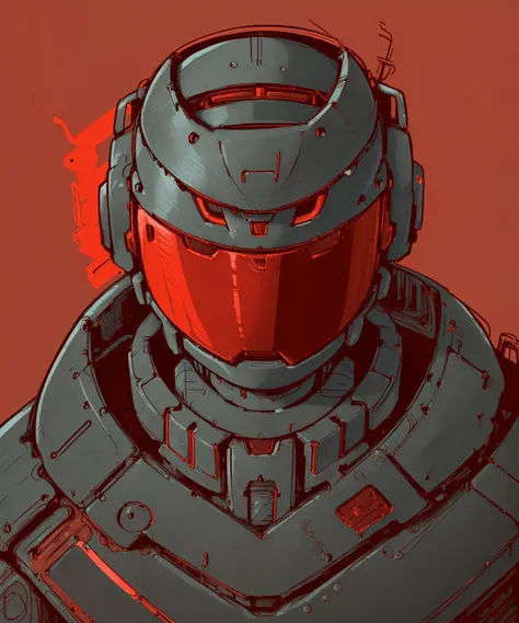 a ((Medium Close Up of humanoid robot)), metal helmet with red visor,  <lora:Fernando_Correa_style:1.3> (rough outlines, thick outlines, boldlines:1.2), simple red background