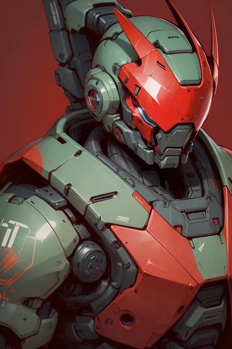 a ((Medium Close Up of humanoid robot)), metal helmet with red visor, <lora:SIC_outline_v1.01:0.8>(rough outlines, thick outlines, boldlines:1.2), simple red background