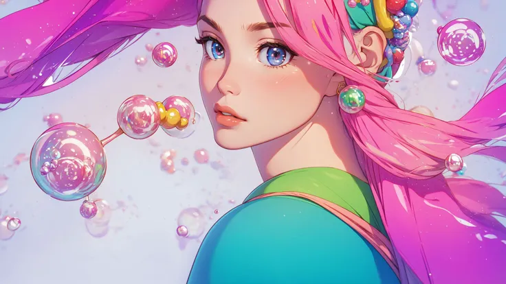 anime girl with pink hair blowing bubbles in the air