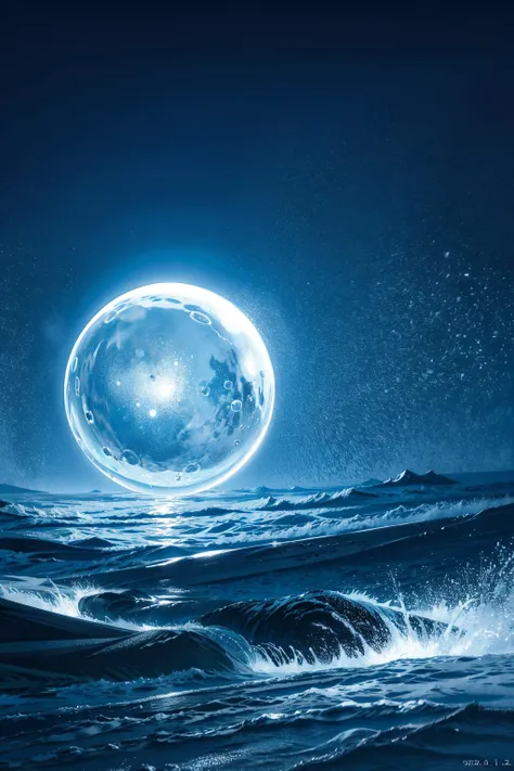 a blue moon over the ocean with waves and a small boat