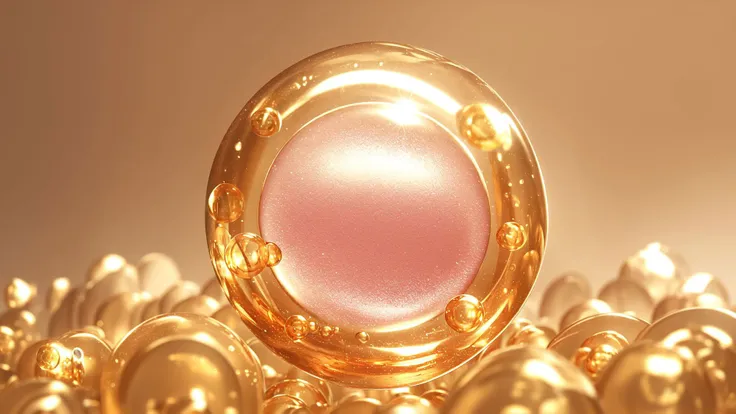 a close up of a pink pearl surrounded by golden spheres