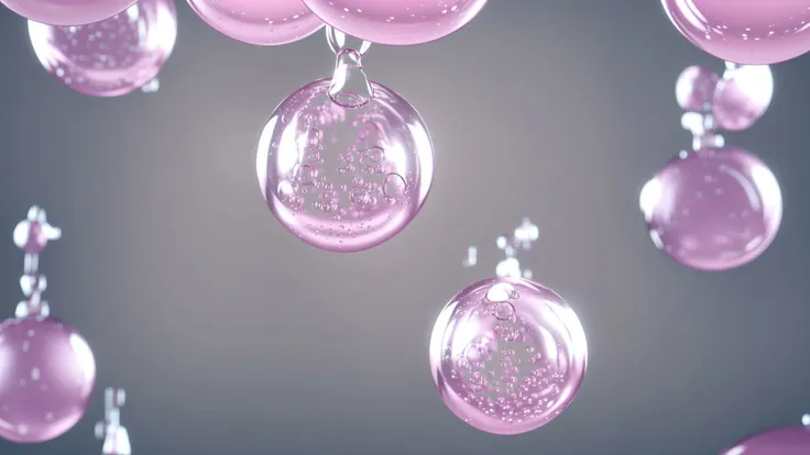 a close up of a bunch of pink christmas ornaments hanging from a ceiling