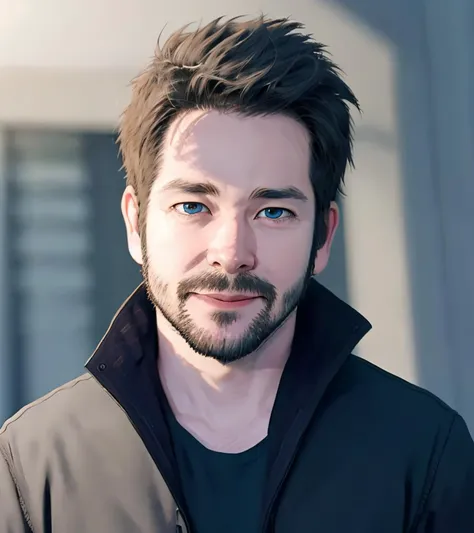 arafed man with a beard and a black jacket posing for a picture