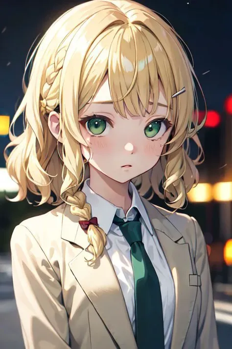 anime girl with blonde hair and green eyes in a suit