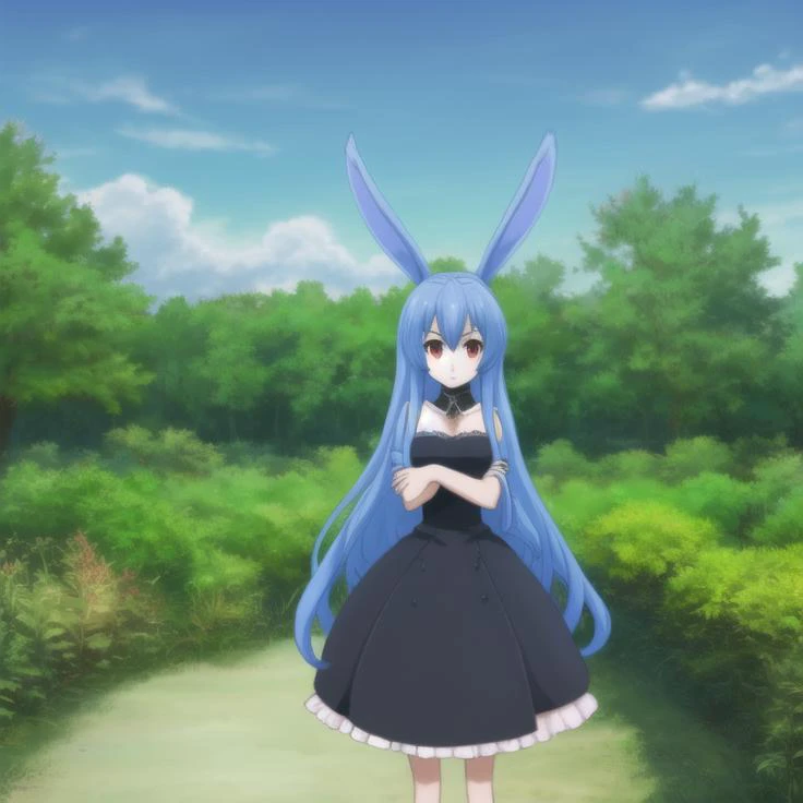 mondaiji-kurousagi, business suite,blue hair, long hair, hair between eyes, red eyes, rabbit ears, ((full body)), solo, 1girl, outdoors <lora:mondaiji-kurousagi-000002:0.7>