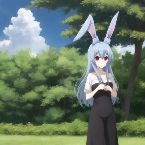 mondaiji-kurousagi, casual clothes,blue hair, long hair, hair between eyes, red eyes, rabbit ears, ((full body)), solo, 1girl, outdoors <lora:mondaiji-kurousagi-000002:0.4>