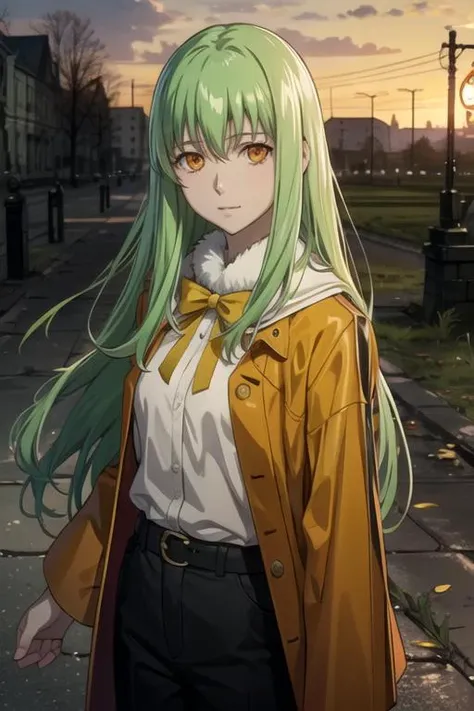 masterpiece, best quality, game cg, 1girl, solo, looking at viewer, , , anime coloring, , <lora:amber_darker_than_black:0.66>, amber_darker_than_black, green hair, orange eyes, long hair, day of the dead costume, world war 1, 4k resolution