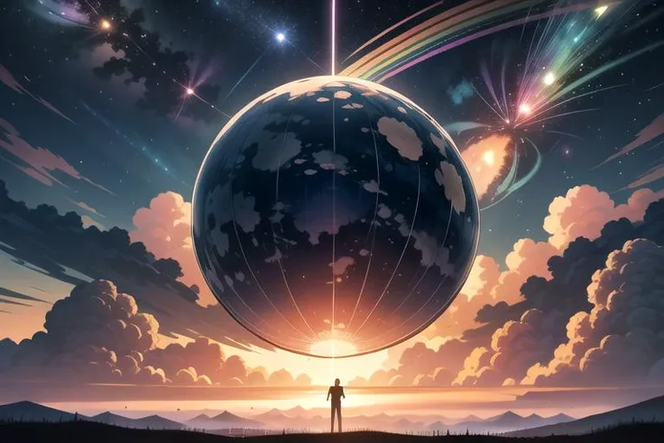 a man standing in front of a large planet with a rainbow