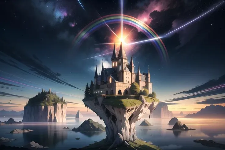 a castle on a floating island with a rainbow in the sky