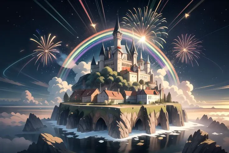 a castle on a hill with fireworks in the sky