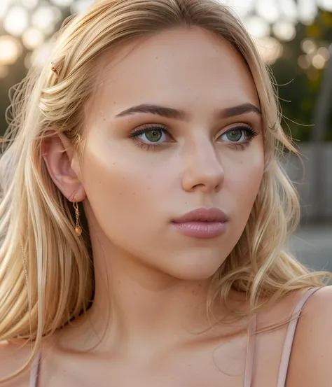 a close up of a woman with blonde hair and a pink top