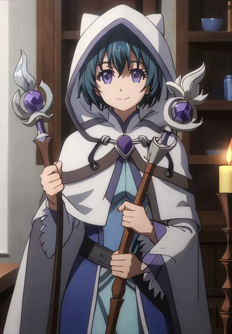 <lora:GoblinSlayer:0.8>, GoblinSlayer, Sage, solo, looking at viewer, smile, long sleeves, holding, jewelry, closed mouth, upper body, hood, wide sleeves, cape, armor, blurry, capelet, blurry background, staff, brooch, cloak, hood up, robe, holding staff, ...