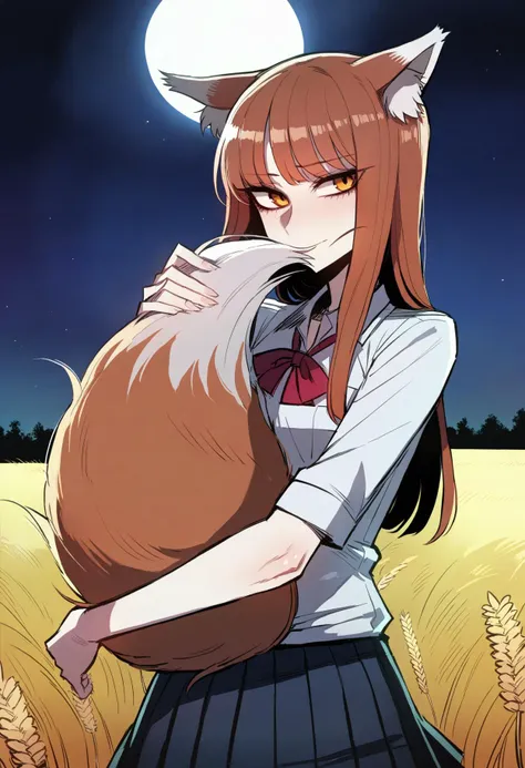 anime girl holding a cat in a field at night