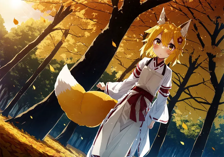 anime girl in white dress with yellow tail walking through a forest