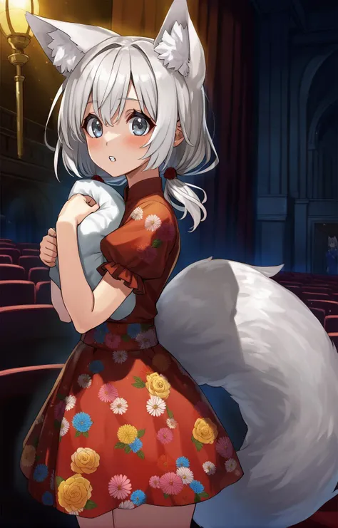 a woman in a red dress holding a white cat in a theater