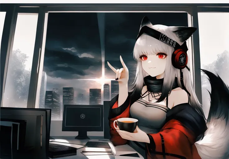 anime girl with headphones and a cat ears holding a cup of coffee