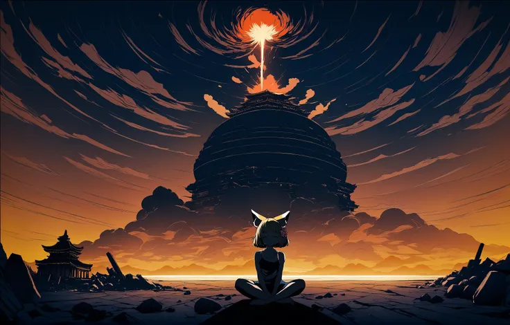 a picture taken from a video game of a man sitting on a rock in front of a volcano