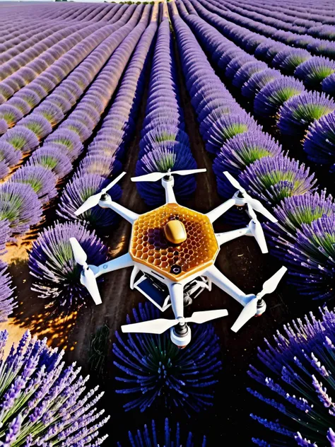 A high-tech drone hovering over a lavender field, its structure mimicking a beehive with dvr-honey accents, captured mid-flight with a drone-mounted GoPro for a meta aerial view,<lora:HoneyStyle:1> <lora:EnvyBetterHiresFixXL01:0:hr=1>