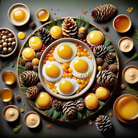 a close up of a plate of eggs with pine cones and sauces