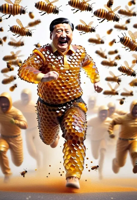 Action shot of Xi Jinping made of dvr-honey, carrying teddy bear made of dvr-honey, running away from bees.  <lora:HoneyStyleV2:0.7>  <lora:dEnvyActionShotXL01:0.6>