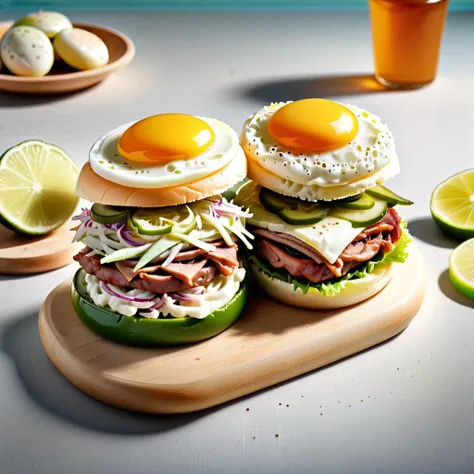 there are two sandwiches with eggs on them on a cutting board