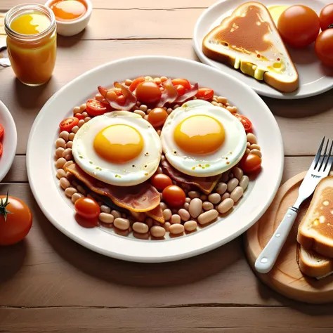 there are two eggs on a plate with beans and tomatoes