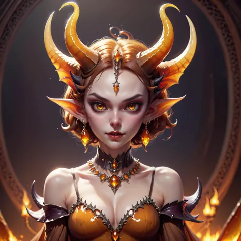 Fairy tale cute succubus,pointy ears,demon horns,earrings,chocker,gems,jewelry,dvr-honey,made of dvr-honey,,,sheer clothes,high heels,Warm Brown lipstick,iridescent trim,Gray eyes,<lora:HoneyStyleXL:1>, . Magical