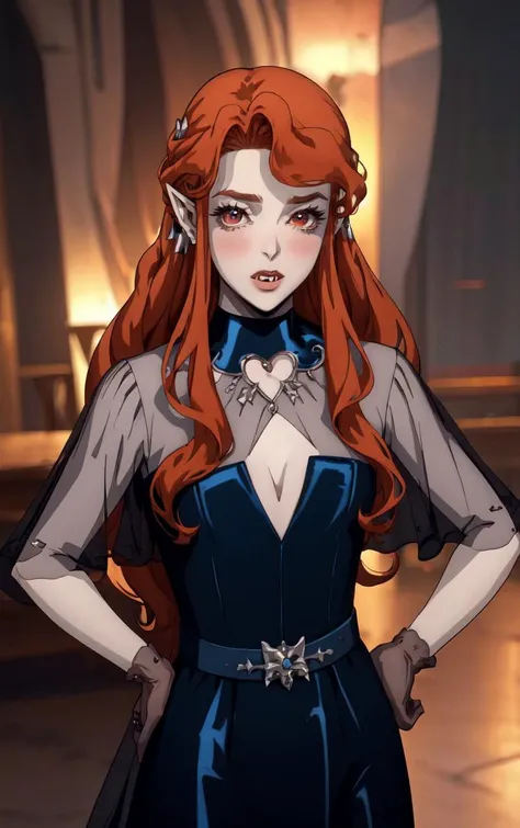 ((masterpiece, best quality)), insaneres, absurdres, solo, looking at viewer,
BlueDress_Lenore_ownwaifu,
1girl, long hair, red eyes, blush, pointy ears, lips, breasts, red hair, hair ornament, braid, fangs, makeup, lipstick, black lips, vampire, very lo...