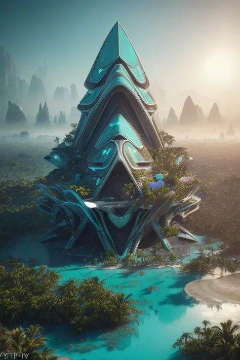 highly detailed futuristic architecture by jean nouvel, triangular, stylized vegetation, ground-level view, puddles of turquoise water, foggy atmosphere, stunning sunny lighting, sunrise, vivid colors, trending on artstation, 8k, matte painting, ray tracin...