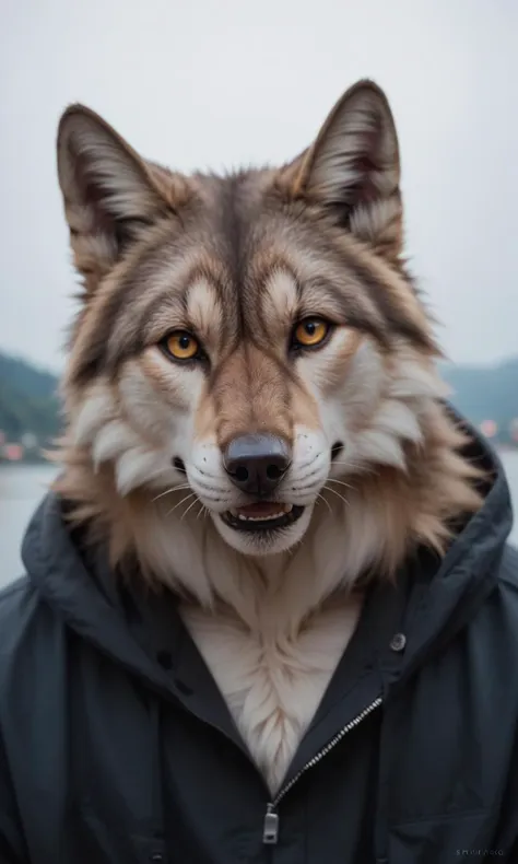 a close up of a person wearing a jacket with a wolf on it