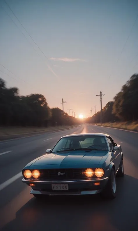 arafed view of a car driving down a highway at sunset